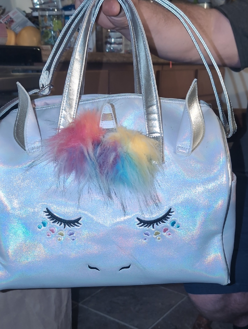 Under One Sky Iridescent Unicorn Bag with Rainbow Fur Pom